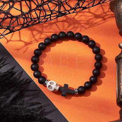 Halloween Skull & Cross Dyed Synthetic Turquoise Bracelets BJEW-JB10852-02-1