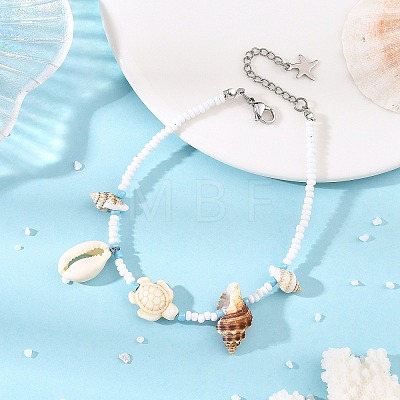 Ocean Natural Mixed Shell & Synthetic Turquoise Turtle & Glass Seed Beaded Anklets for Women AJEW-AN00860-1