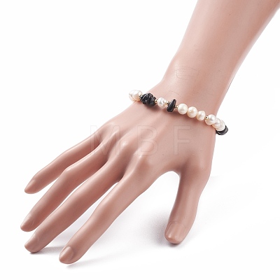 Natural Obsidian & Pearl Beaded Bracelet with Alloy Enamel Heart Charms BJEW-JB08039-06-1