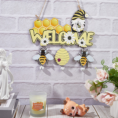 Bee Wood Hanging Welcome Sign HJEW-WH0071-01-1