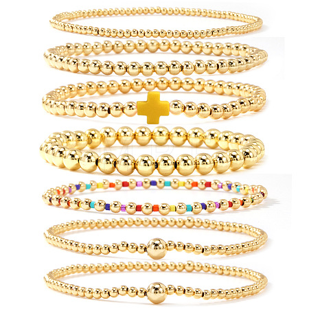 7Pcs Brass Round Beaded Bracelets for Women SB9067-9-1