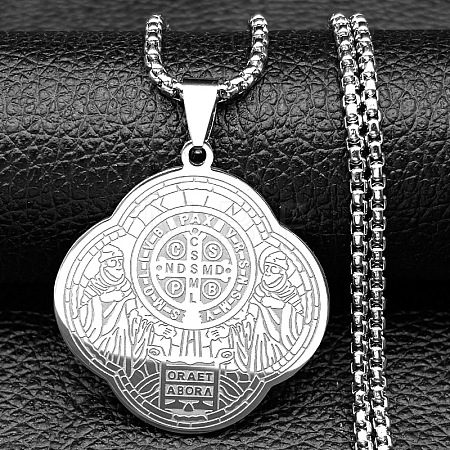 304 Stainless Steel Saint Benedict Pendant Necklaces LS-NJEW-B153-02A-P-1