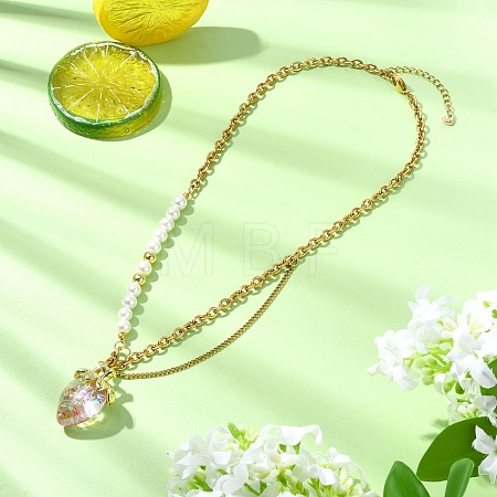 Acrylic Strawberry Pendant 304 Stainless Steel Mixed Chain Necklaces with Shell Pearl Beads NJEW-JN06114-01-1