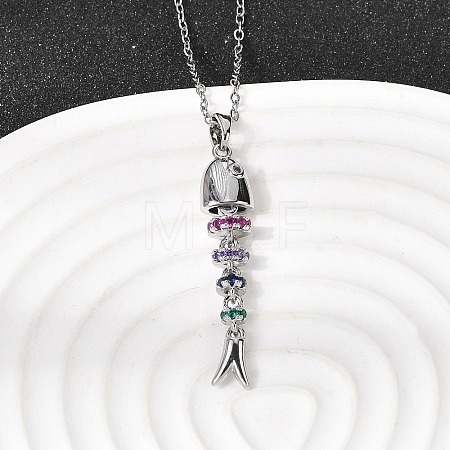 201 Stainless Steel Pave Colorful Cubic Zirconia Fish Bone Pendant Necklaces for Women NJEW-C111-02B-P-1
