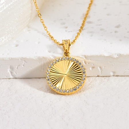 304 Stainless Steel Micro Pave Clear Cubic Zirconia Round Medal Pendant Necklaces WGE37BE-01-1