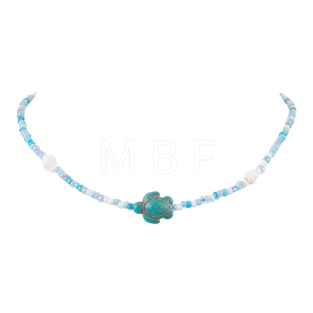 Summer Beach Sea Turtle Dyed Synthetic Turquoise & Glass Seed Beads Beaded Necklaces for Women NJEW-JN05081-01-1