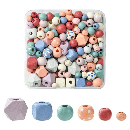 256Pcs 6 Styles Spray Painted Natural Maple Wood Beads WOOD-FS0001-10-1