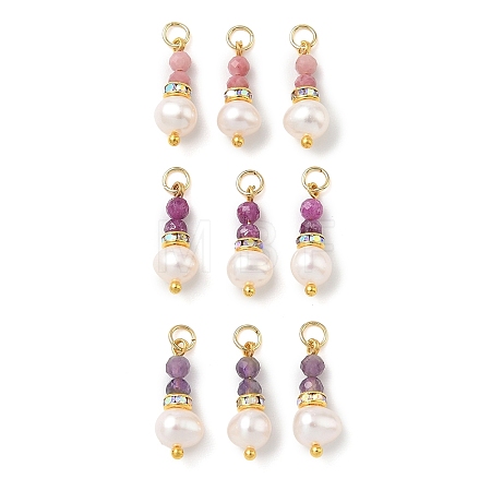 3Pcs 3 Styles Faceted Natural Ruby & Rhodonite & Amethyst and Potato Pearl Pandants PALLOY-JF06048-01-1