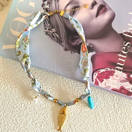 304 Stainless Steel Enamel Pendant Printed Cloth Scarf Necklaces for Women FS-WGDE682-08-1