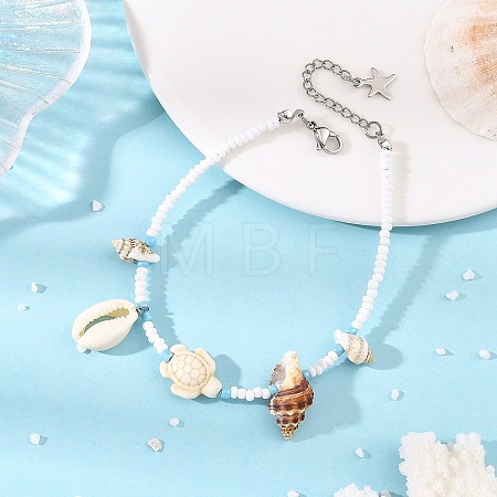 Ocean Natural Mixed Shell & Synthetic Turquoise Turtle & Glass Seed Beaded Anklets for Women AJEW-AN00860-1