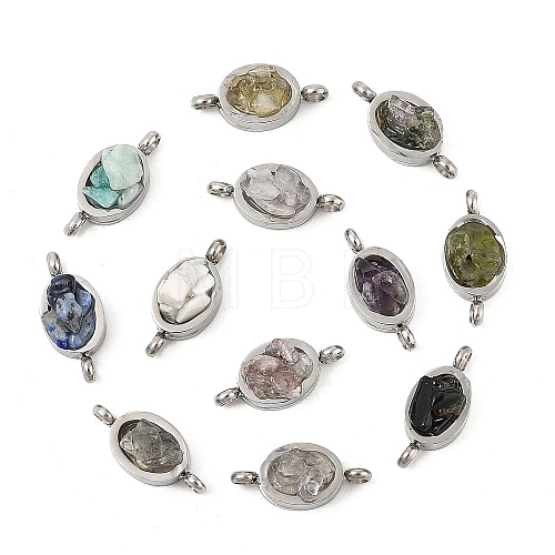 Natural Mixed Gemstone Chip 304 Stainless Steel Oval Connector Charms KK-P300-11P-1