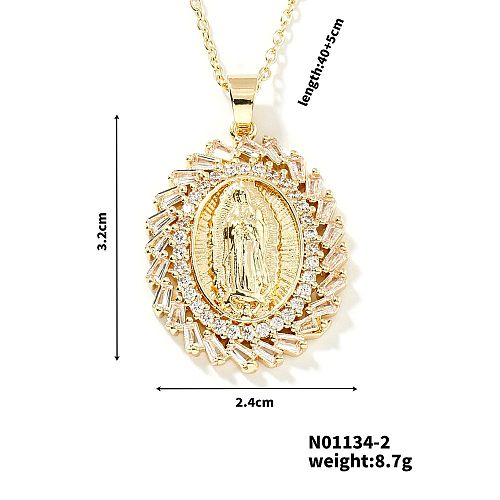 Golden Tone Brass Pave Cubic Zirconia Virgin Mary Pendant Necklaces OP0194-2-1