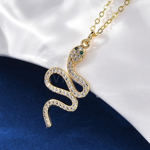 Brass Micro Pave Clear Cubic Zirconia Snake Pendant Necklaces NJEW-S438-02F-G-1