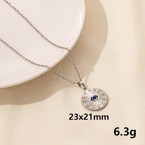 Stylish Stainless Steel Rhinestones Flat Round with Evil Eye Pendant Necklace QQ6499-9-1