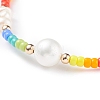 Shell Pearl & Glass Seed Beaded Bracelet with Brass Tiny Teardrop Charm for Women BJEW-TA00081-4