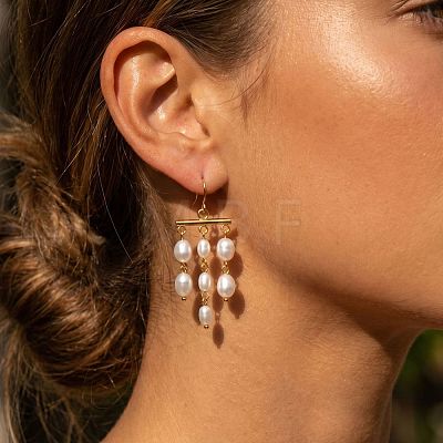 304 Stainless Steel & Plastic Pearl Oval Bead Tassel Chandelier Earrings for Women WGBEBE0-01-1