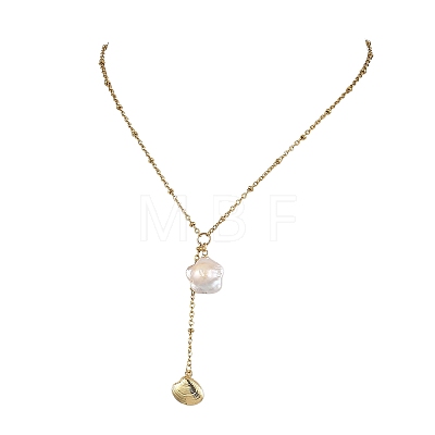 Summer Natural Baroque Keshi Pearl & 304 Stainless Steel Sea Animal Pendant Satellite Chain Y Lariat Necklaces NJEW-JN06049-03-1
