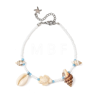 Ocean Natural Mixed Shell & Synthetic Turquoise Turtle & Glass Seed Beaded Anklets for Women AJEW-AN00860-1