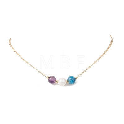 Natural Cultured Freshwater Pearl & Natural Amethyst & Apatite Round Beaded Pendant Brass Cable Chain Necklaces for Women NJEW-JN05686-1
