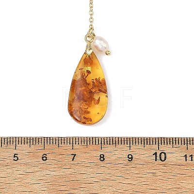 Natural Amber Teardrop Pendant Lariat Y Necklaces with Brass Cable Chains and Natural Pearl for Women NJEW-JN06607-1