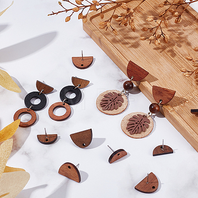20 Pairs 2 Styles Half Round Walnut Wood Stud Earring Findings MAK-SC0001-22-1