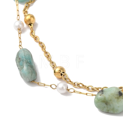Nuggets Natural Amazonite & Imitation Pearl Multi-Strand Anklets BJEW-P326-04B-G-1