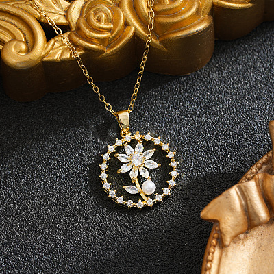 Brass Pave Clear Cubic Zirconia Ring with Flower Pendant 201 Stainless Steel Cable Chain Necklaces for Women WGD11B6-01-1