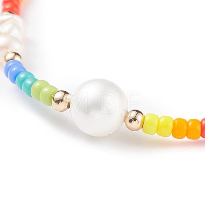 Shell Pearl & Glass Seed Beaded Bracelet with Brass Tiny Teardrop Charm for Women BJEW-TA00081-1