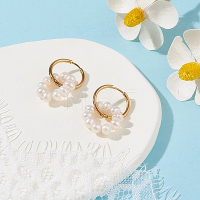 Natural Pearl Beaded Ring Shape Hoop Earring EJEW-JE04696-1