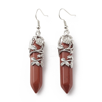 Natural Red Jasper Bullet with Flower Dangle Earrings EJEW-G300-02P-10-1