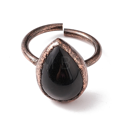 Natural Obsidian Teardrop Open Cuff Ring RJEW-I082-03R-1