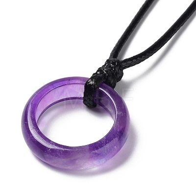 Natural Amethyst Ring Pendant Necklace with Waxed Cords NJEW-R262-01B-06-1