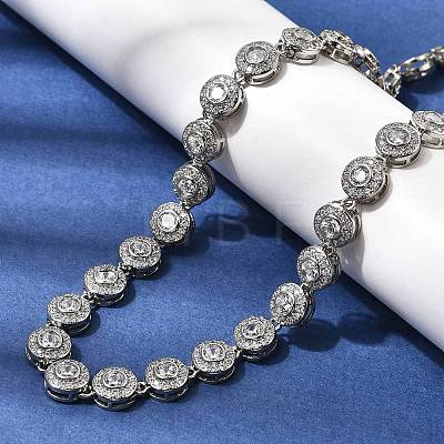 Brass Micro Pave Clear Cubic Zirconia Flat Round Link Chain Necklaces for Women NJEW-B157-18P-1
