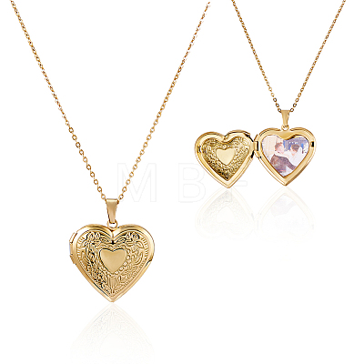 2Pcs 316 Surgical Stainless Steel Heart Photo Locket Pendant Cable Chain Necklaces for Women NJEW-DC0001-15G-1