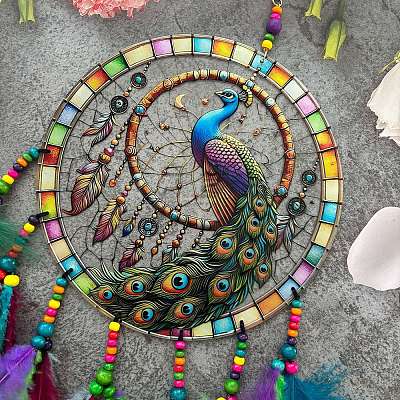Peacock Acrylic & Woven Net/Web with Feather Hanging Ornaments HJEW-A013-01-1