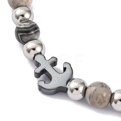 Natural Map Stone & Synthetic Magnetic Hematite Anchor Beaded Bracelet BJEW-P339-01P-02-1