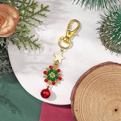 Christmas Wreath Glass Seed Pendant Decorations with Bell HJEW-MZ00077-02-1