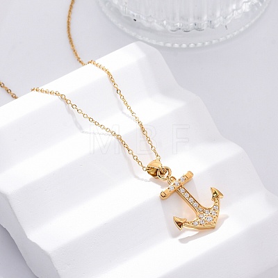 304 Stainless Steel Crystal Rhinestone Anchor Pendant Necklaces NJEW-Z057-01C-G-1