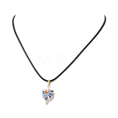 Printed Porcelain Heart Penant Black Waxed Cord Necklace for Women NJEW-JN06482-1