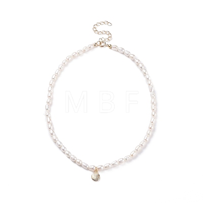 Shell Shaped Brass Pendant Necklace with Natural Pearl for Women NJEW-JN03831-1