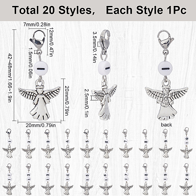 20Pcs Number Acrylic Beaded Pendant Locking Stitch Markers with Alloy Angel HJEW-SC00043-1