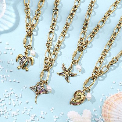 Ocean Natural Paua Shell 304 Stainless Steel Sea Animals & Rice Natural Pearl Pendant Figaro Chain Necklaces NJEW-JN06304-1