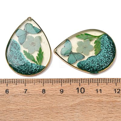 Brass & Transparent Epoxy Resin & Dried Flower Pendants RESI-G133-05G-02-1