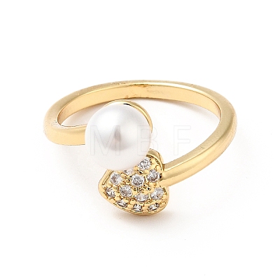 Clear Cubic Zirconia Heart Open Cuff Ring with Acrylic Pearl KK-E060-21G-1