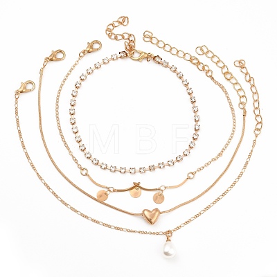 4Pcs 4 Style Alloy Chain Anklets Set with Heart Flat Round and Resin Pearl Charm SJEW-D009-04KCG-1