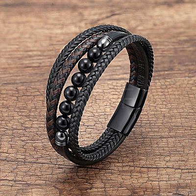 Natural Obsidian Round Beads & Braided Imitation Leather Cord Bracelets for Men FS-WGCE7B3-33-1