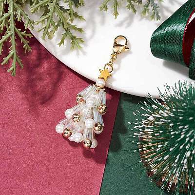 Christmas Tree Glass & Shell Pearl Pendant Decorations HJEW-TA00182-02-1