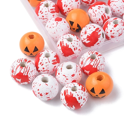 40Pcs 4 Colors Halloween Theme Printed Natural Wooden Beads WOOD-FS0001-03-1