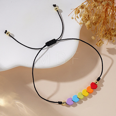 Gemstone Rainbow Heart Beaded Black Cord Adjustable Bracelet for Women YA9246-2-1