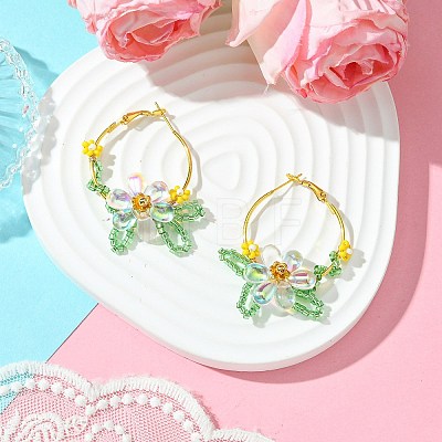 Woven Glass Flower Huggie Hoop Earring EJEW-MZ00235-05-1